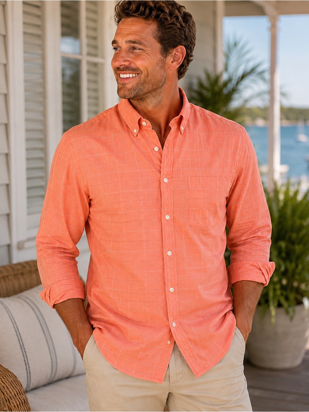 Talbots Men’s Peach Coral Windowpane Cotton Button Down Shirt XL